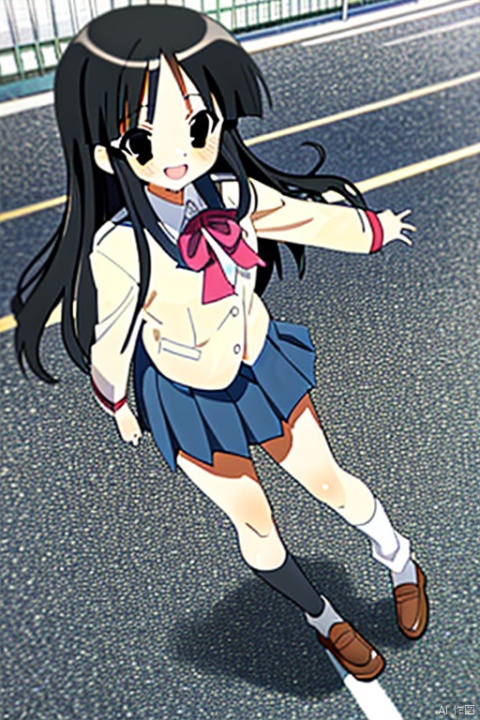 1girl, solo, long hair, smile, skirt, black hair, school uniform, socks, black eyes, sakuragaoka high school uniform, akiyama mio