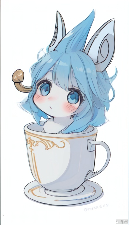 solo, blush, blue eyes, simple background, white background, horns, cup, no humans, traditional media