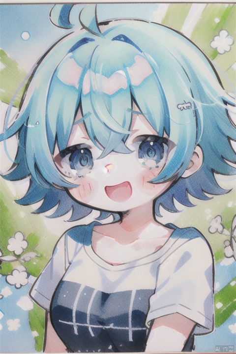 1girl, solo, breasts, looking at viewer, blush, smile, short hair, open mouth, blue eyes, shirt, blue hair, collarbone, upper body, ahoge, short sleeves, traditional media, t-shirt, messy hair, spring onion