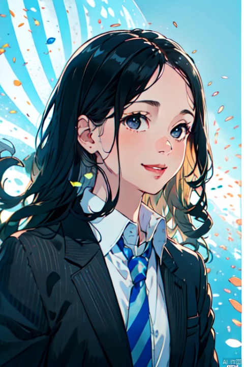 1girl, solo, long hair, looking at viewer, smile, simple background, shirt, black hair, closed mouth, jacket, white shirt, upper body, necktie, striped, collared shirt, black eyes, lips, black jacket, blue background, formal, suit, wing collar, red necktie, realistic, striped necktie