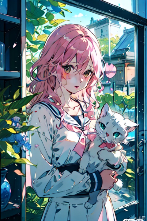 1girl, solo, long hair, looking at viewer, long sleeves, holding, hair between eyes, brown eyes, school uniform, collarbone, upper body, pink hair, parted lips, sailor collar, animal, traditional media, cat, holding animal, stuffed cat