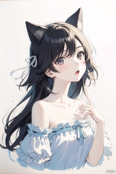 1girl, solo, long hair, open mouth, bangs, simple background, white background, ribbon, animal ears, bare shoulders, monochrome, hair ribbon, upper body, greyscale, cat ears, hand up, :o, traditional media, index finger raised