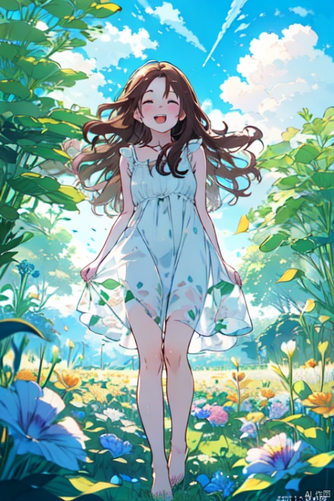 1girl, solo, long hair, smile, open mouth, brown hair, dress, closed eyes, flower, outdoors, sky, barefoot, day, cloud, white dress, arms behind back, sundress, field