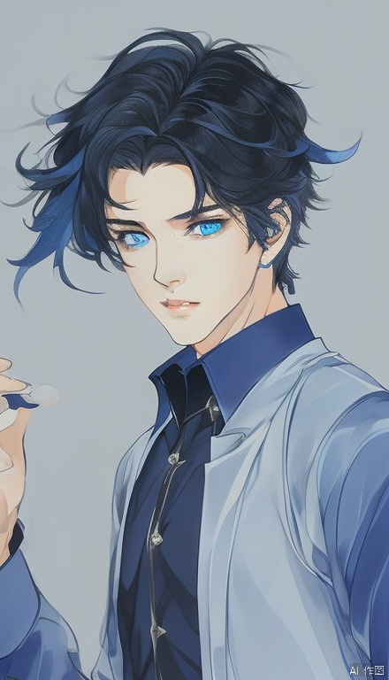solo, looking at viewer, blue eyes, shirt, black hair, 1boy, holding, upper body, male focus, parted lips, collared shirt, blue shirt, jonathan joestar
