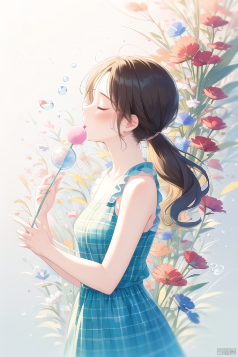 1girl, solo, long hair, brown hair, dress, closed eyes, ponytail, flower, sleeveless, plaid, profile, sleeveless dress, blue dress, leaf, traditional media, pink flower, bubble, yellow flower, bubble blowing, plaid dress