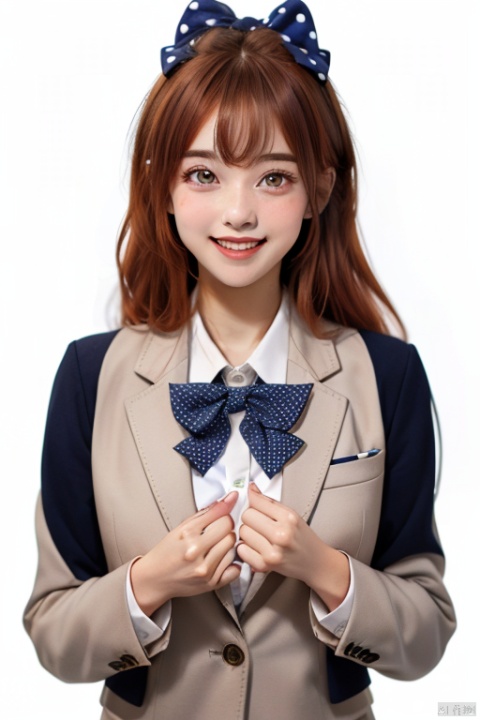 1girl, solo, long hair, looking at viewer, blush, smile, open mouth, simple background, shirt, white background, bow, school uniform, purple eyes, jacket, upper body, :d, hair bow, bowtie, orange hair, blue bow, blazer, polka dot, clenched hands, chinese text, polka dot bow, sakura chiyo