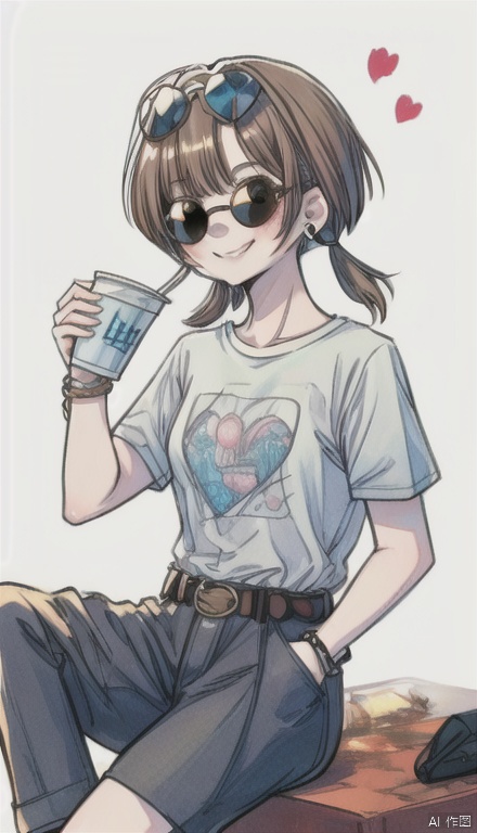 1girl, long hair, blush, smile, short hair, bangs, simple background, brown hair, shirt, 1boy, white background, holding, brown eyes, jewelry, sitting, white shirt, short sleeves, hetero, heart, earrings, shorts, belt, pants, looking at another, bracelet, cup, parted bangs, sunglasses, couple, t-shirt, holding cup, eyewear on head, hand in pocket, drinking straw, drinking, disposable cup