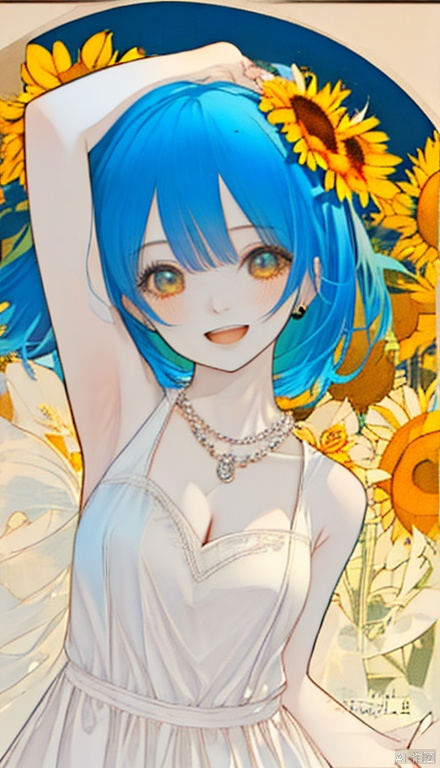 1girl, solo, breasts, smile, short hair, open mouth, bangs, dress, holding, cleavage, jewelry, medium breasts, blue hair, upper body, flower, sleeveless, hair flower, medium hair, armpits, necklace, arm up, sleeveless dress, traditional media, sunflower