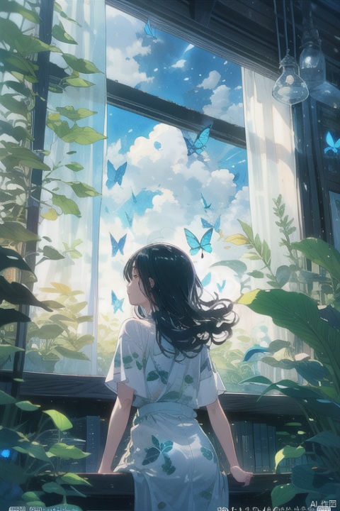 1girl, solo, long hair, shirt, sky, cloud, indoors, from behind, tree, book, window, leaf, traditional media, bug, plant, curtains, butterfly, facing away