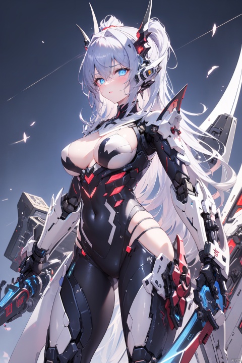  1girl, perky breasts, (surrounded by rotating transparent red scrolls, floating transparent red Chinese characters, dynamic, rotating), standing in the air, not looking at the camera, writing calligraphy, solo, blue eyes, holding, weapon, (holding weapon, neon, glowing, robot, mecha), cyberpunk, open_hand, v-fin, movie lighting, strong contrast, high level of detail, best quality, masterpiece, female venom, perfect body, slender figure, bailing_glitch_effect,