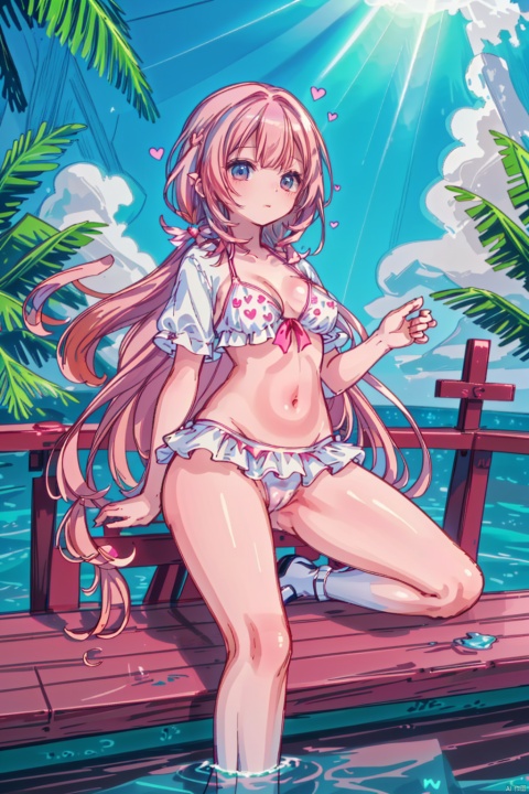  A woman with very long pink hair and pink heart shape eyes,big breasts,wears a bikini,the bikini doesn't cover her nipples,wear white silk stockings, wears high-heeled shoes,on a boat, her pussy is spitting out of so much semen.her asshole is full of semen,her nipples are spitting out of lotionin,she is masturbating,in the ocean under a clear blue sky.She is looking directly at the viewer with a closed mouth. Her hair is floating in the sunlight,The scene is vibrant with vivid colors and a tropical atmosphere, featuring clouds, a star symbol, and a tree in the background to enhance the overall composition.masterpiece ,highest quality 