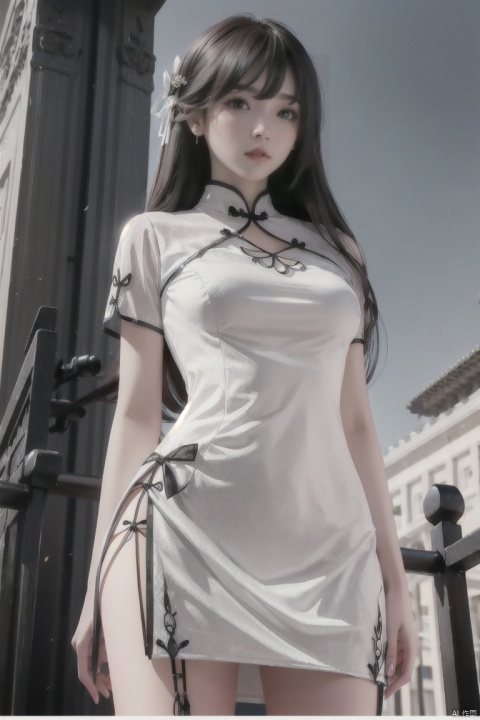  maiden, white silk stockings,long hairWhite cheongsam,outdoors，grim faced，upward view，