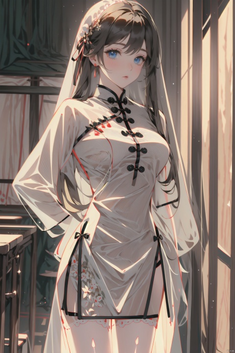  maiden, white silk stockings,long hairWhite cheongsam,classroom,elevation,Pained expression,measure one's length