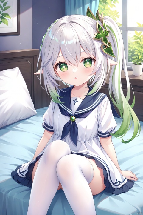  1girl, solo, long hair, looking at viewer, bangs, skirt, hair ornament, thighhighs, dress, hair between eyes, sitting, closed mouth, green eyes, white hair, short sleeves, multicolored hair, green hair, alternate costume, indoors, sailor collar, white dress, side ponytail, white thighhighs, zettai ryouiki, symbol-shaped pupils, gradient hair, (sitting on bed) , nahida \(genshin impact\)
knees_to_chest,(foot focus),seductive_smile,