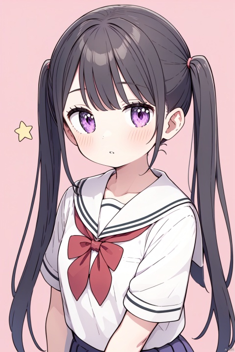  1girl, solo, long_hair, black_hair, purple_eyes, red_bow, blush, school_uniform, looking_at_viewer, sailor_collar, upper_body, bow, serafuku, bangs,(twintails:1.3), shirt, short_sleeves, white_sailor_collar, parted_lips, red_bowtie, hands_up, pink_background, bowtie, collarbone, own_hands_together, black_shirt, steepled_fingers,star_background,