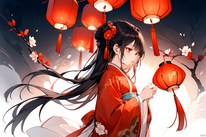  An ancient China girl, dressed in China ancient Hanfu, hung with red, China red and red lanterns, was photographed from the side, all over her body, her hair stuck and her hair flowered.