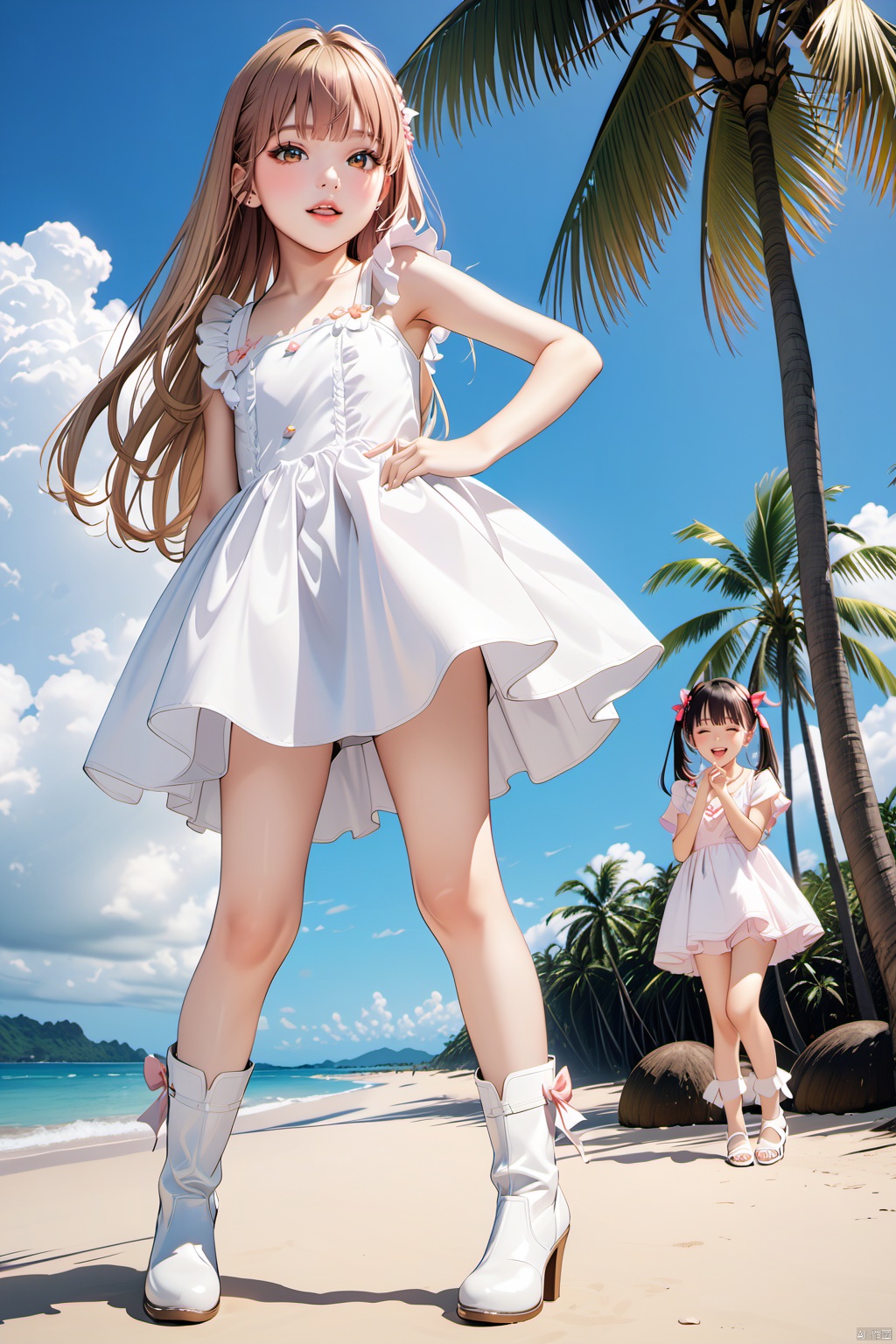  2girls, multiple colored hairs, random cute faces, group shot, zoom camera, (expression:1.0), (dynamic_pose:1.2), (action_pose:1.2), (action:1.0), (distance shot:1.5), (full_body:1.2), (full body:1.2),Beach, coconut trees,,(smile:1.0),dress,long_legs, high heels, loli, kneehigh_boots, thighhigh_boots,playtime,