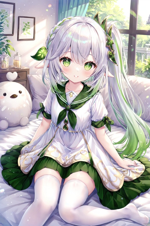  1girl, solo, long hair, looking at viewer, bangs, skirt, hair ornament, thighhighs, dress, hair between eyes, sitting, closed mouth, green eyes, white hair, short sleeves, multicolored hair, green hair, alternate costume, indoors, sailor collar, white dress, side ponytail, white thighhighs, zettai ryouiki, symbol-shaped pupils, gradient hair, (sitting on bed) , nahida \(genshin impact\)
knees_to_chest,(foot focus),seductive_smile,