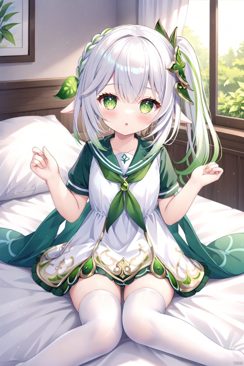  1girl, solo, long hair, looking at viewer, bangs, skirt, hair ornament, thighhighs, dress, hair between eyes, sitting, closed mouth, green eyes, white hair, short sleeves, multicolored hair, green hair, alternate costume, indoors, sailor collar, white dress, side ponytail, white thighhighs, zettai ryouiki, symbol-shaped pupils, gradient hair, (laying on bed) , nahida \(genshin impact\)
,(pov hands),leg_lock,seductive_smile,w_arms,