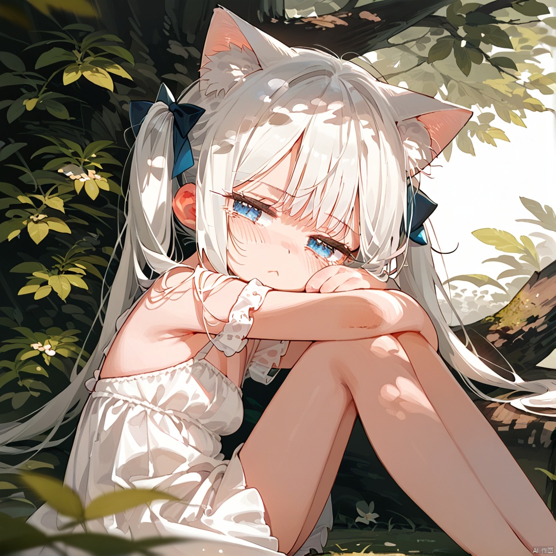  score_9,score_8_up,score_7_up,solo,cat ears,white hair,bangs,long hair,white dress,(blue eyes:1.3),in summer,loli,small_breasts,fair_skin,hugging_own_legs,from side,(tired:1.5),twintails,tree,looking at viewer, Dsmile_style,