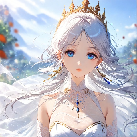  1girl, solo, long hair, breasts, looking at viewer, blue eyes, dress, cleavage, bare shoulders, jewelry, medium breasts, closed mouth, upper body, white hair, earrings, outdoors, detached sleeves, day, necklace, white dress, blurry, lips, see-through, strapless, blurry background, tiara, crown, strapless dress