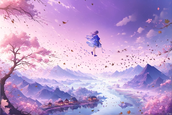  A girl, alone, walking in the sky, looking down, camera down, ornate clothes, flowers, fallen leaves, floating, complex scene! Tons of details! Super high quality details! wide! Half a body! High-quality mountains and rivers, pink theme, blue theme, purple theme,A tiny house,