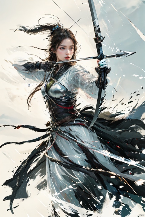  1girl, solo, gloves,long hair, focusing intensely,Hold the iron tire bow with the left hand and draw a bow and shoot arrows, Wearing a jade crown, shining silver armor, and wearing a lion headband. Treading towards the sky with cow tendon boots; Wearing a crimson cloak on her shoulders, carrying a three foot green blade on her waist, coupled with her tall figure and resolute expression,clean white background,