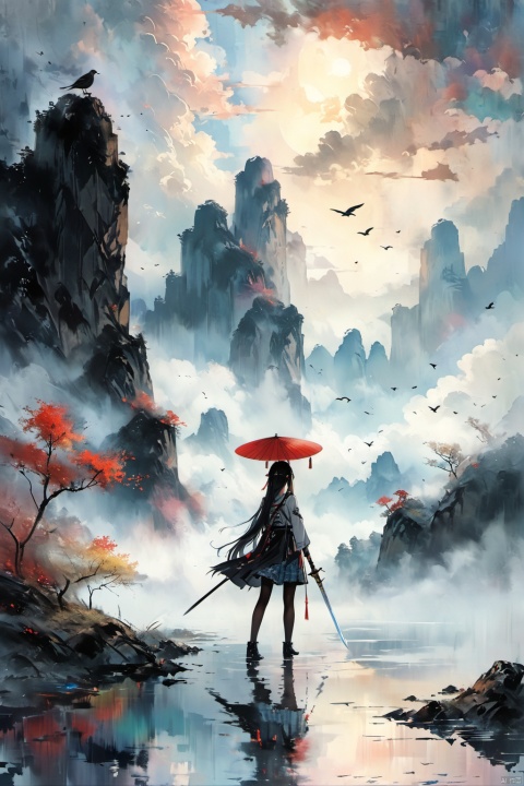 masterpiece,best quality,high quality,(colorful),[Artist onineko],[Artist chen bin],[Artist agwing86],Artist xukong, 1girl, scenery, weapon, long hair, solo, planted, sky, cloud, sword, bird, cloudy sky, outdoors, skirt, pantyhose, planted sword, from behind, black hair, Illustration