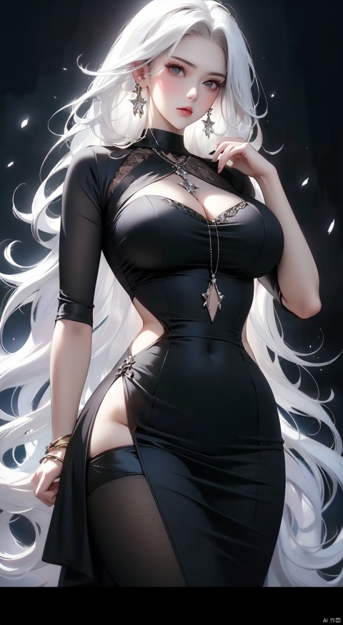 A woman with white hair, big breasts, transparent black dress, and a longing expression