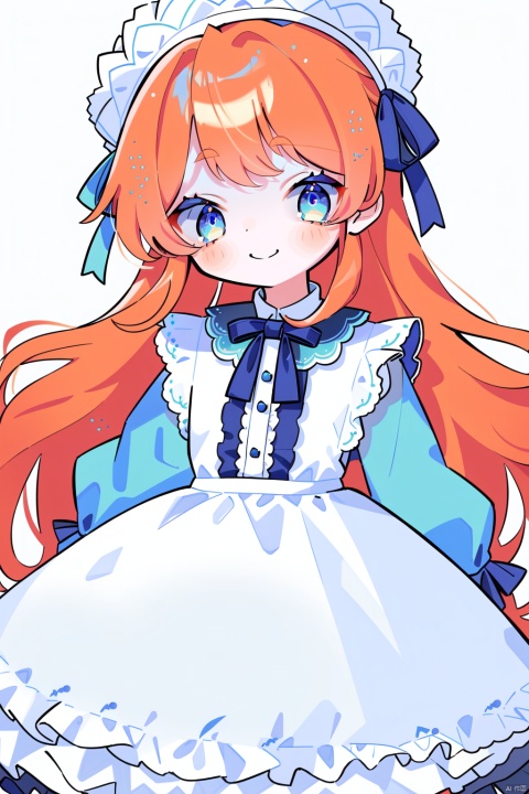  1girl, solo, white background, dress, simple background, long hair, long sleeves, sleeves past wrists, white dress, blue eyes,dress,blue eyes,blue eyes,blue eyes,orange hair,orange hair,orange hair, smile,Lolita,Lolita，smile，
