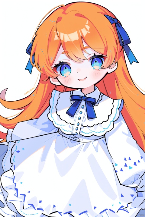  1girl, solo, white background, dress, simple background, long hair, long sleeves, sleeves past wrists, white dress, wings,,blue eyes,dress,blue eyes,blue eyes,blue eyes,orange hair,orange hair,orange hair, smile,Lolita,Lolita，smile，