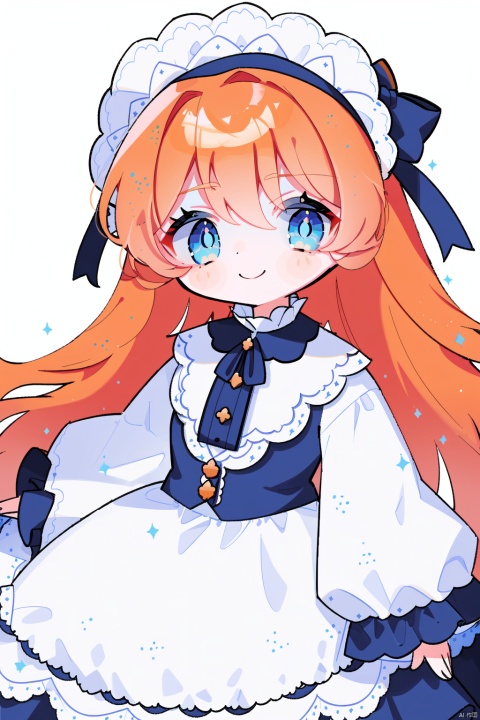  1girl, solo, white background, dress, simple background, long hair, long sleeves, sleeves past wrists, white dress, blue eyes,dress,blue eyes,blue eyes,blue eyes,orange hair,orange hair,orange hair, smile,Lolita,Lolita，smile，