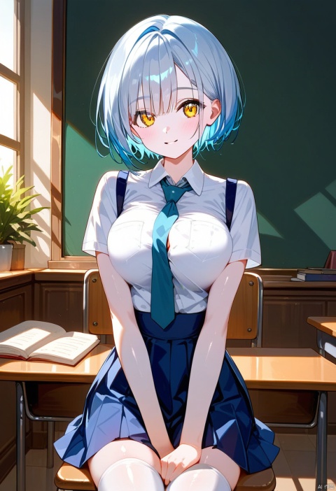  NSFW,(score_9,score_8_up,score_7_up),
masterpiece,best quality,ultra-detailed,very aesthetic,absurdres,1girl,cutegirl,thin waist,thin,(shiny_skin:1.2),(fair skin:1.4),(white skin:1.3),
school_uniform,black_thighhighs,short hair to shoulder length,hair with a silver to cyan gradient,neat bang,yellow_eyes,
squeeze chest,elbow squeeze chest,knead breast,
