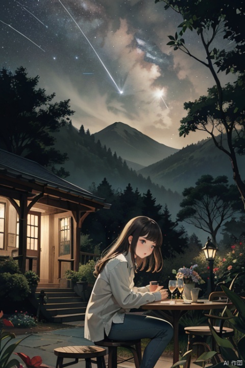  A beautiful girl, wearing a plaid white shirt, blue jeans, sports shoes, sitting on a small stool, staring at the starry sky, there is a meteor across the starry sky, in the front yard, there is a tree, the leaves are blown by the wind, there is a flower table on both sides of the door, the flower table is planted with jasmine flowers, there are weeds inside, panoramic, high quality,