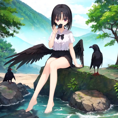 (masterpiece),(best quality),1woman,mature female,solo,tall body,blackhair, short black hair,black wings,red pupils,red eyes,white t-shirt,black buttons,black skirt,black bow tie,full body,houtufeng,mouth_open,crows,sitting on rock,youkai mountain,long legs,bare_feet,waving,