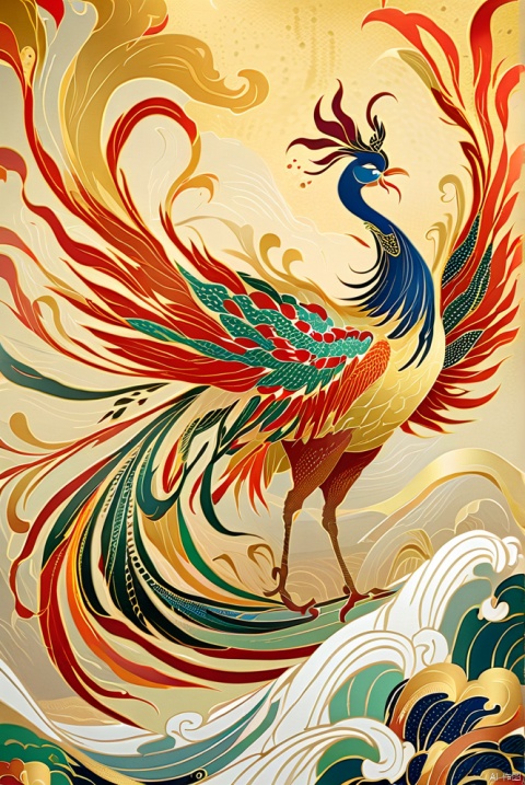  chinese prints,A phoenix with a big long feathered tail,surrounded by continuous undulating ripples,The brushwork is extremely detailed, soft and fluid.,Ripple design with gold foil in the background
