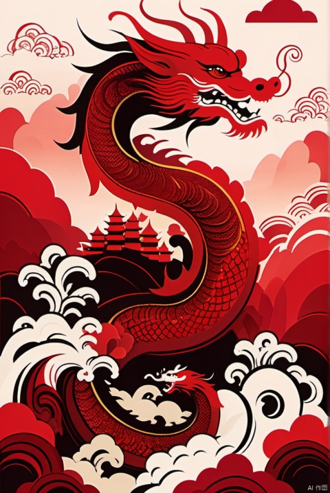  Oriental Dragon,Red Theme, Auspicious Clouds