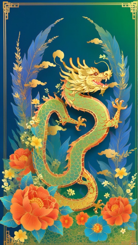  (Fantasy color) Dragon King, design border, grass, flowers, blue Oriental dragon, full, with Chinese traditional Oriental rhyme