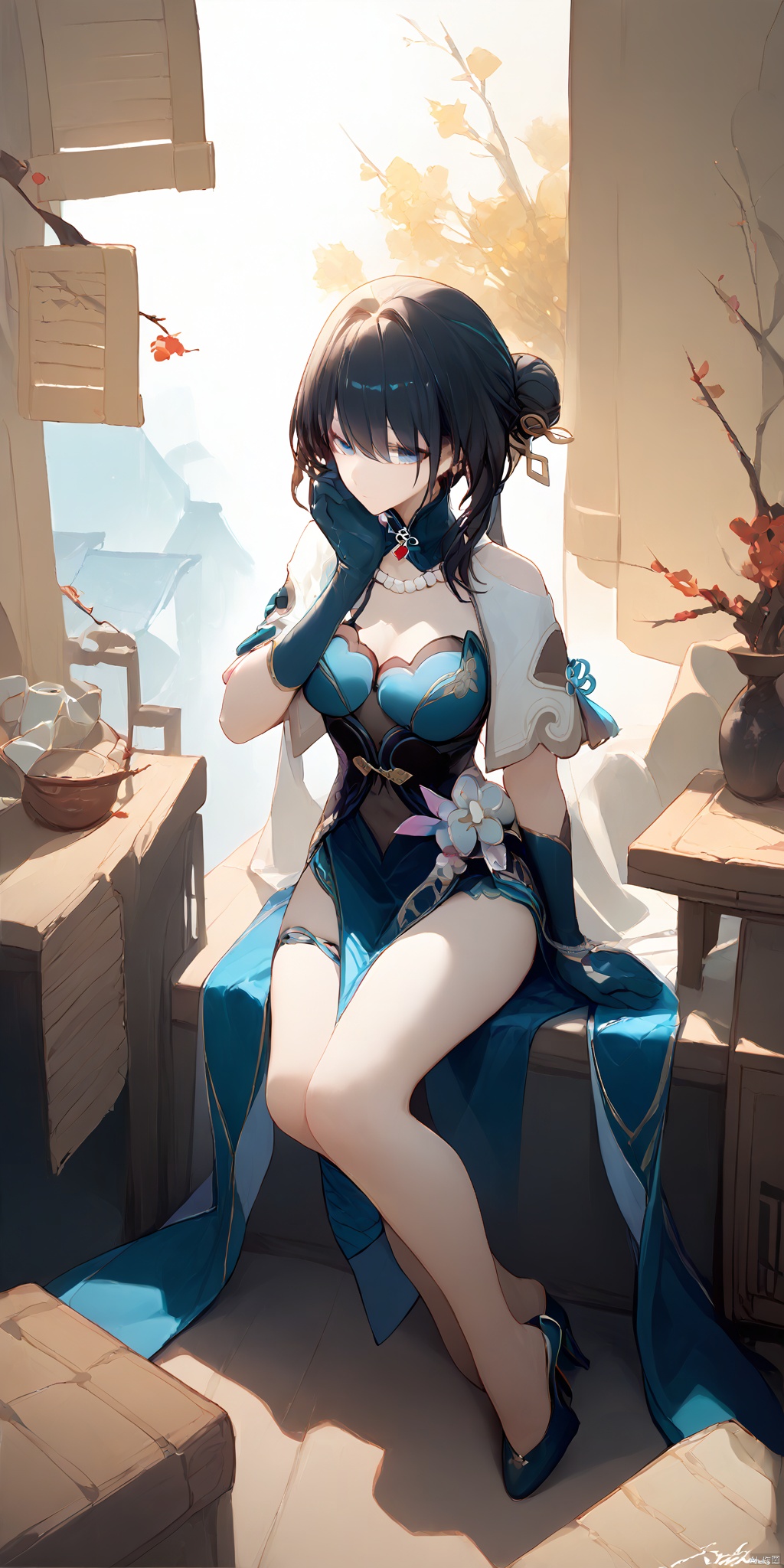  positive:(score_9,score_8_up,score_7_up,score_6_up,score_5_up,score_4_up）,ruanmei, def clothe, 1girl, gloves, blue eyes, black hair, dress, high heels, chinese clothes, breasts,bangs,With a fan in her hand,uchiwa,fan over face