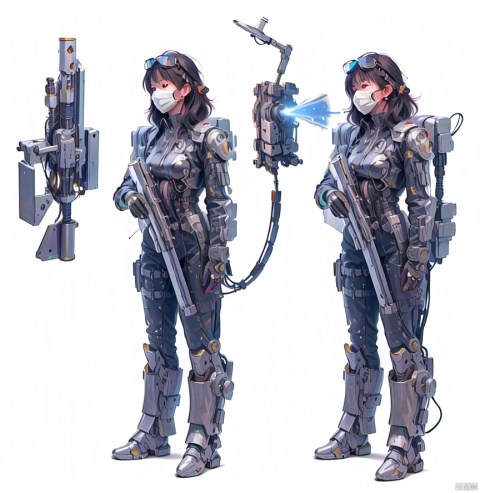 A pretty Asian soldier with a helmet and mask and a laser gun, flanked by her robot partner, with short hair,face visibled through the mask,, masterpiece:1.3,the best quality:1.2,super fine illustrations:1.2,Masterpiece,4k,high quality,high detail,extremely detailed,detailed,extremely detailed cg unity 8k wallpaper, ultra detailed,beautiful art,amazing detail,Yoko Taro, machinery, jjmx,facebombmix, Pencil hand drawing,Cyberpunk,cyborg