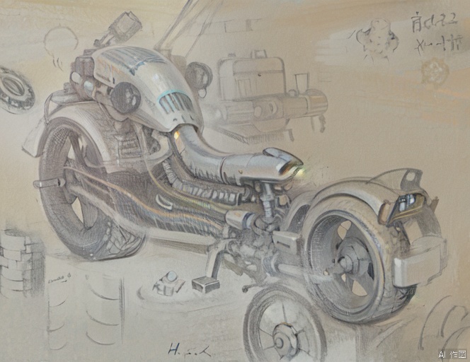 A high-tech motorcycle,neutral,masterpiece:1.3,the best quality:1.2,super fine illustrations:1.2,Masterpiece,4k,high quality,high detail,extremely detailed,detailed,extremely detailed cg unity 8k wallpaper, ultra detailed,beautiful art,amazing detail,Yoko Taro, machinery, jjmx,facebombmix, lhj,bright light, Pencil hand drawing, H-city