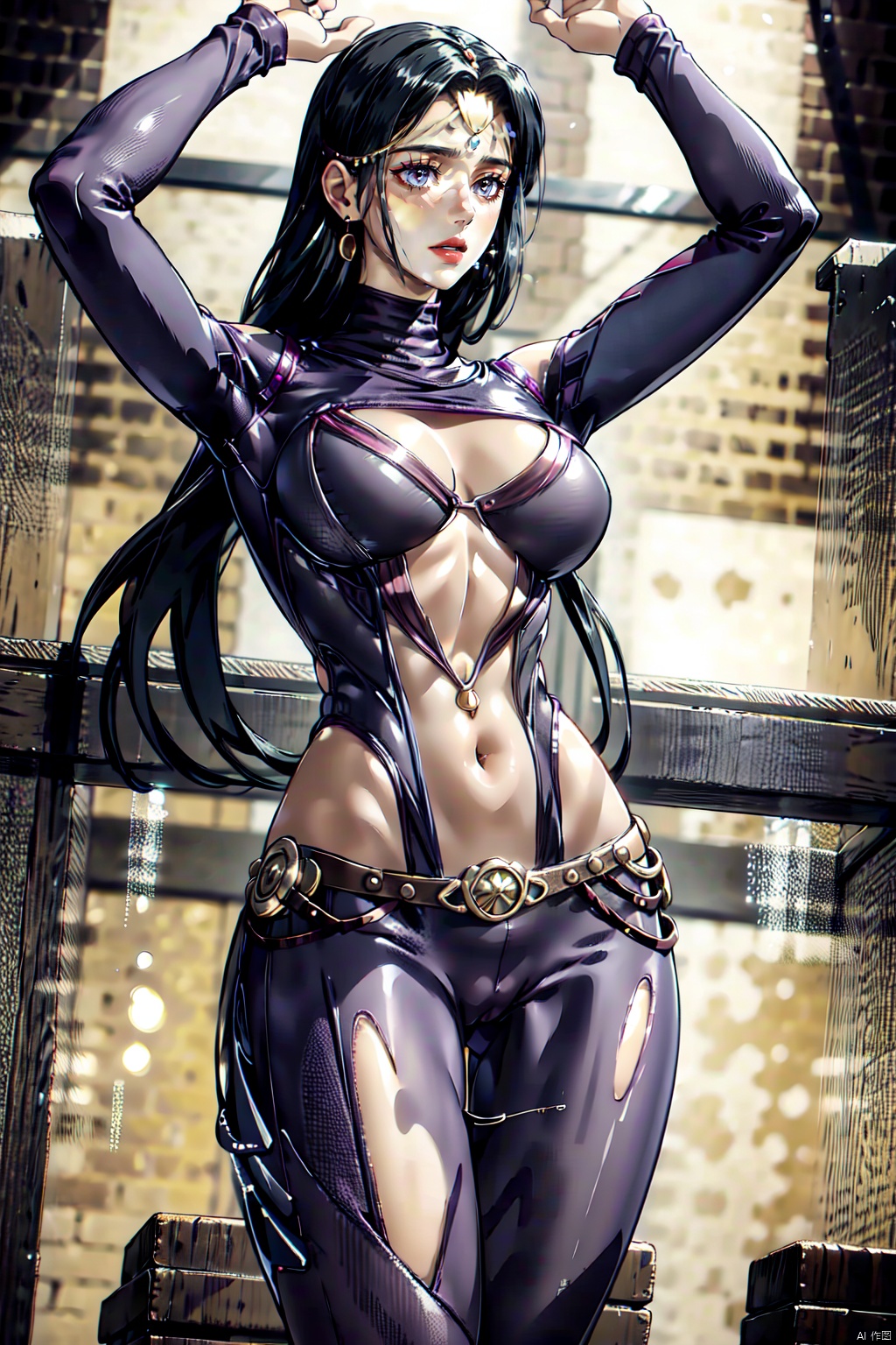 exposed belly, exposed chest
spread legs, coquettish, lustful, stretchy belly,
1girl, solo, long hair, breasts, looking at viewer, large breasts, black hair, hair ornament, gloves, navel, cleavage, jewelry, closed mouth, standing, cowboy shot, earrings, shiny, indoors, bracelet, lips, hands up, clothing cutout, bodysuit, makeup, thigh gap, cleavage cutout, lipstick, center opening, red lips, navel cutout, blue bodysuit, ((poakl))