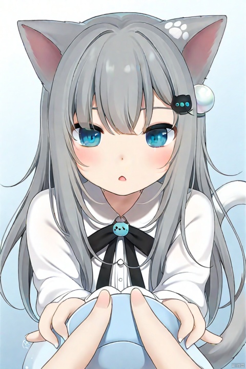  best-a, nachoneko,1girl, solo,animal_ears
cat_ears,cat_girl,looking_at_viewer,pov,Grey hair,long_hair,hair ornament,blue_eyes,cat_tail,fingernails,(slit_pupils:0.7)
looking_at_viewer,