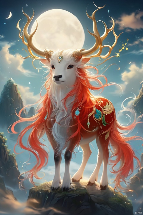 Masterpiece, best quality, super high resolution, sky, stars, night, Moon, full moon, blue theme, Mountains and Seas, colorful God Ox, golden horns, blue eyes, red hair, black hooves, green tail