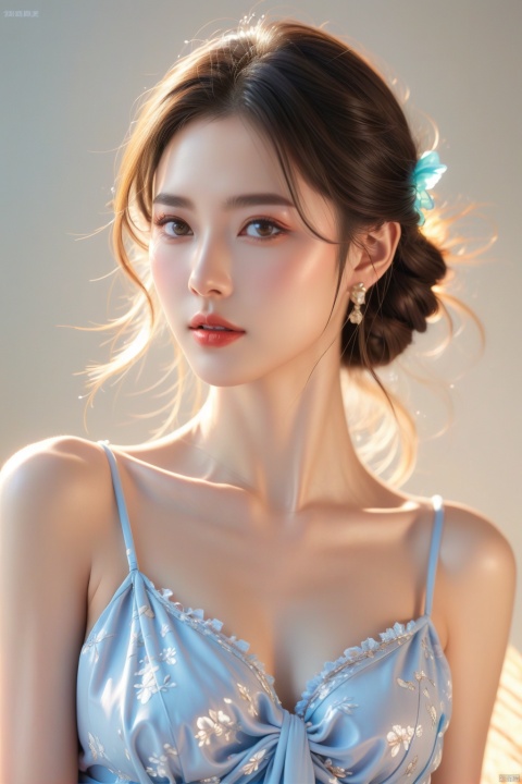 A beautiful girl, adult, cool expression, light smile, charming, elegant dress:, bright silver clothes, technological clothes, fashion, high sense, delicate hair, dark brown hair, black eyes, delicate earrings, digital painting, technological sense, AI, model, elegant posture, standing posture, full body photo: :, half side, image photo, realistic, delicate, technical background, neon street, Bar Street, highly detailed, detailed, HD, 8K, science fiction style illustration art, perfect facial details, best quality, official art, Highly detailed, illustrations, detailed eyes, 8k wallpaper
