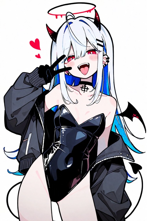 soresaki, 1girl, solo, long hair, breasts, looking at viewer, blush, smile, open mouth, bangs, simple background, hair ornament, red eyes, gloves, long sleeves, white background, hair between eyes, bare shoulders, jewelry, very long hair, blue hair, collarbone, jacket, tail, ahoge, white hair, heart, multicolored hair, cowboy shot, earrings, small breasts, open clothes, wings, horns, teeth, choker, tongue, black gloves, hairclip, tongue out, off shoulder, two-tone hair, leotard, open jacket, black jacket, v, strapless, covered navel, upper teeth only, black choker, halo, piercing, demon girl, demon horns, ear piercing, demon tail, black leotard, highleg leotard, strapless leotard, demon wings, colored inner hair, mini wings