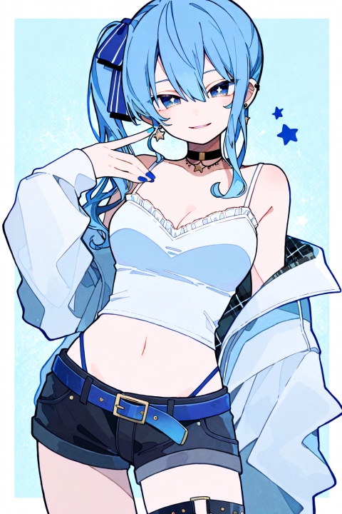 soresaki, 1girl, solo, long hair, breasts, looking at viewer, smile, bangs, blue eyes, shirt, long sleeves, ribbon, navel, cleavage, hair between eyes, jewelry, medium breasts, blue hair, jacket, hair ribbon, white shirt, cowboy shot, earrings, parted lips, open clothes, shorts, choker, midriff, belt, virtual youtuber, off shoulder, star \(symbol\), side ponytail, crop top, short shorts, thigh strap, highleg, black choker, black shorts, white jacket, camisole, blue nails, highleg panties, star earrings, symbol in eye, star in eye, panty straps, hoshimachi suisei