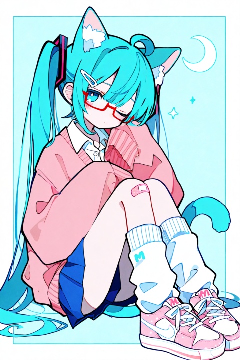 soresaki, 1girl, solo, long hair, looking at viewer, bangs, blue eyes, skirt, shirt, hair ornament, long sleeves, animal ears, twintails, sitting, very long hair, closed mouth, blue hair, tail, full body, white shirt, ahoge, pleated skirt, one eye closed, shoes, glasses, socks, hairclip, collared shirt, cat ears, miniskirt, aqua eyes, sweater, blue skirt, cat tail, animal ear fluff, sleeves past wrists, aqua hair, border, cat girl, white socks, sneakers, bandaid, semi-rimless eyewear, knees up, sleeves past fingers, kemonomimi mode, red-framed eyewear, under-rim eyewear, bespectacled, pink footwear, crescent moon, loose socks, bandaid on leg, pink sweater, bandaid on knee, hatsune miku