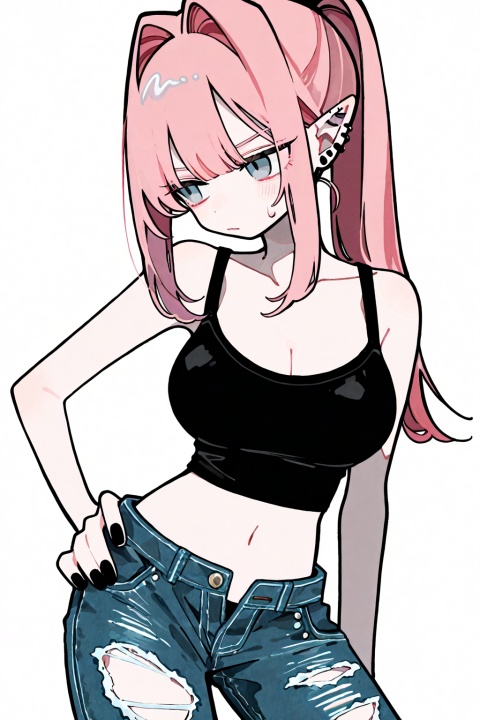 soresaki, 1girl, solo, long hair, breasts, bangs, blue eyes, large breasts, simple background, white background, navel, cleavage, bare shoulders, jewelry, closed mouth, collarbone, ponytail, pink hair, earrings, pointy ears, midriff, pants, sweatdrop, crop top, fingernails, hand on hip, grey eyes, torn clothes, piercing, hair intakes, denim, ear piercing, black nails, jeans, open fly, torn pants