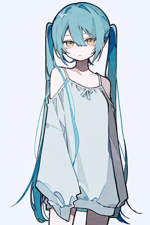 soresaki, 1girl, solo, long hair, looking at viewer, bangs, simple background, shirt, long sleeves, white background, dress, hair between eyes, bare shoulders, twintails, very long hair, closed mouth, blue hair, standing, yellow eyes, cowboy shot, grey background, sleeves past wrists, expressionless, hatsune miku